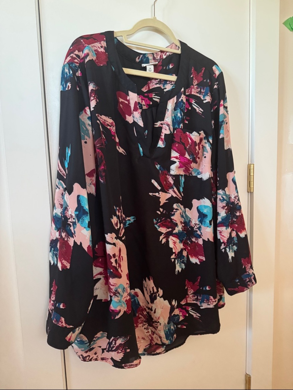 Ava & Viv Black Floral Split-Neck Tunic with Pink & Blue Accents